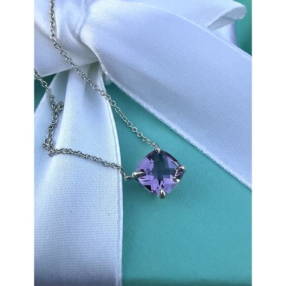 Tiffany & Co. Silver 2ct Purple Amethyst Gemstone Pendant Sparkler Necklace 16" - Picture 9 of 13